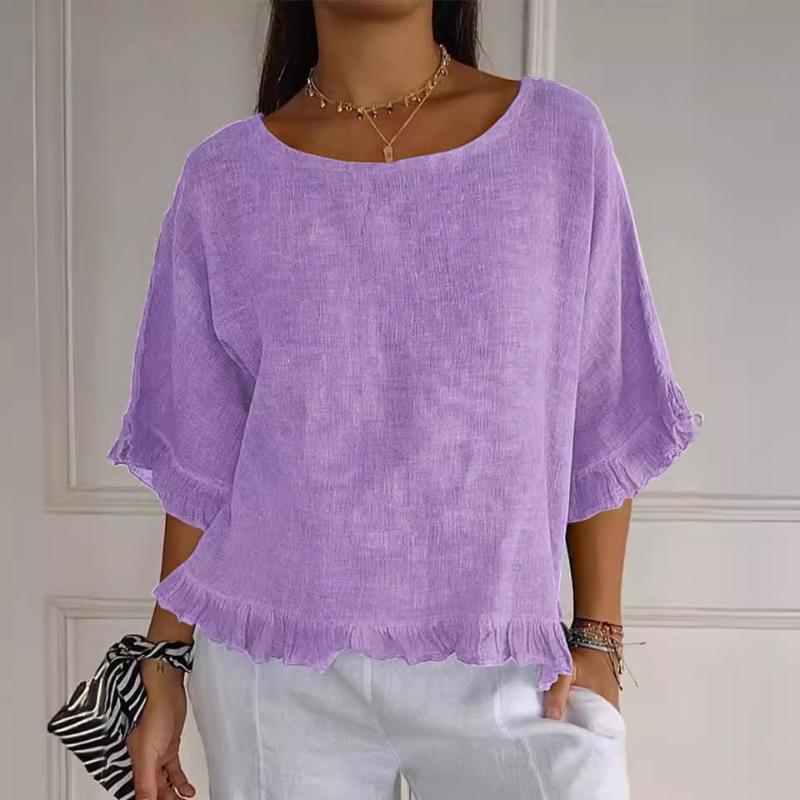 Summer Casual T-Shirt Round Neck Short Sleeved Cotton Linen Blouse Casual Solid Color Loose Pullover Clothes Fit Shirt for Women