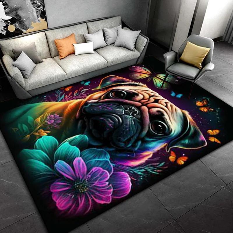 Lovely Pug Dog Cartoon Area Rug Cute Animal Carpet for Kids Bedroom Playroom Non-Slip Floor Mat Home Decor Gift