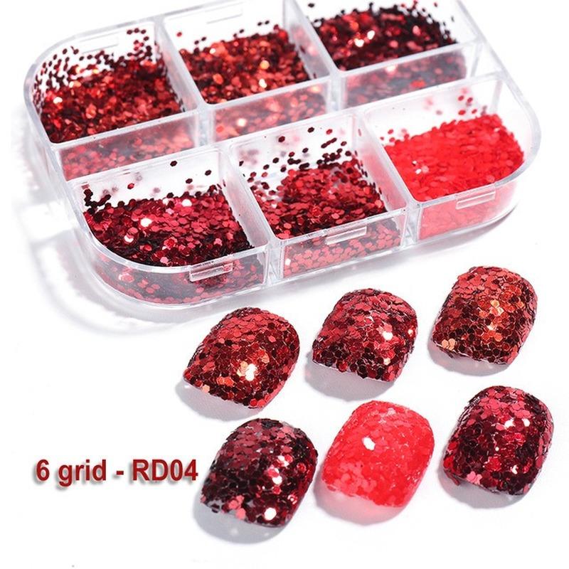 6 сеток, красный сахарный песок, блестящая пудра для ногтей, блестящая тонкая пыль, круглые блестки, свадебные, новогодние украшения для маникюра