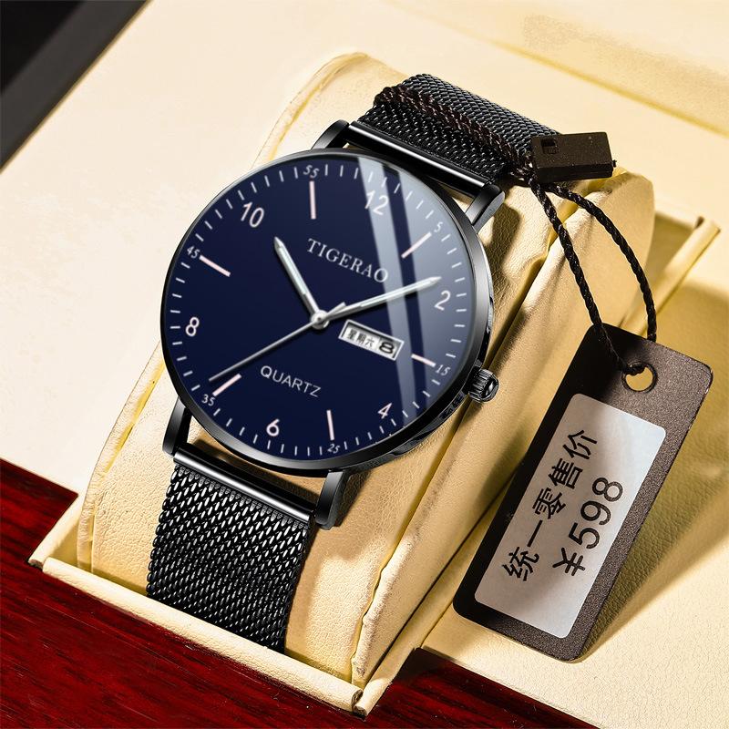 Men's Watch Business Casual Quartz Ultra Thin Waterproof Luminous Leather Mesh Band Fashion Wristwatch