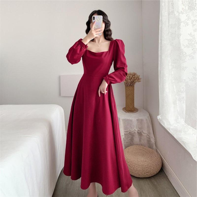 Spring Autumn Square Collar Elegant Fashion Solid A-line Dress Women Temperament Long Sleeve Robe Vestidos