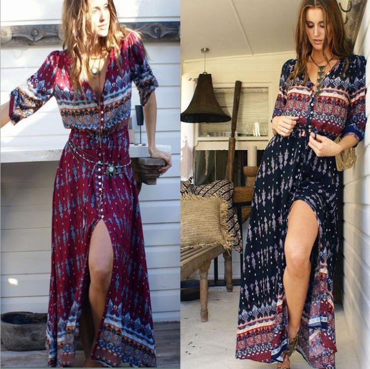 Summer Style Floral Printed Bohemian Beach Dress Women Elegant Deep V Neck Split Long Maxi Dress Vintage Chiffon Dress