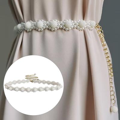 Damen-Taillenkette mit Blumenmuster und Perle, längenverstellbar, eleganter mehrlagiger Kleidergürtel für Damen, Accessoire