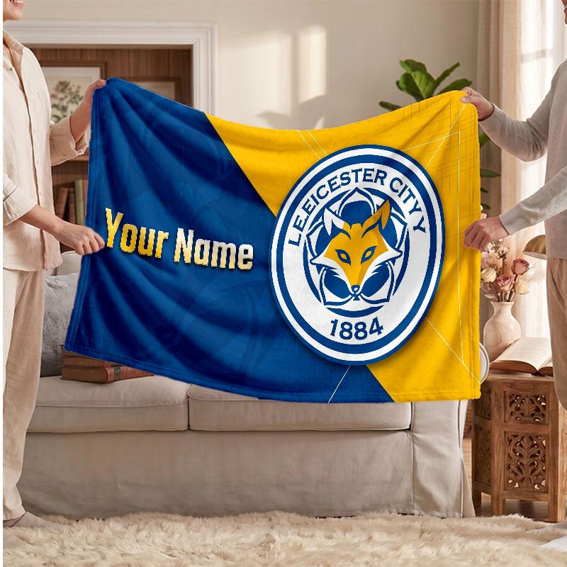 Leicester City Personalized Fleece Blanket With Football Logo, Custom Name Text Soft Warm Home Throw Blanket