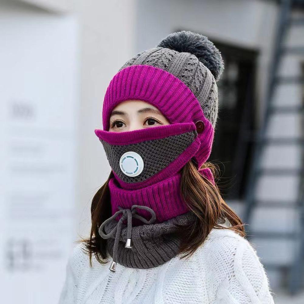 Comfortable Thick Fleece Beanie Hat Scarf Soft Plush Breathable Scarf Cap Keep Warm Winter Hat Mask Women