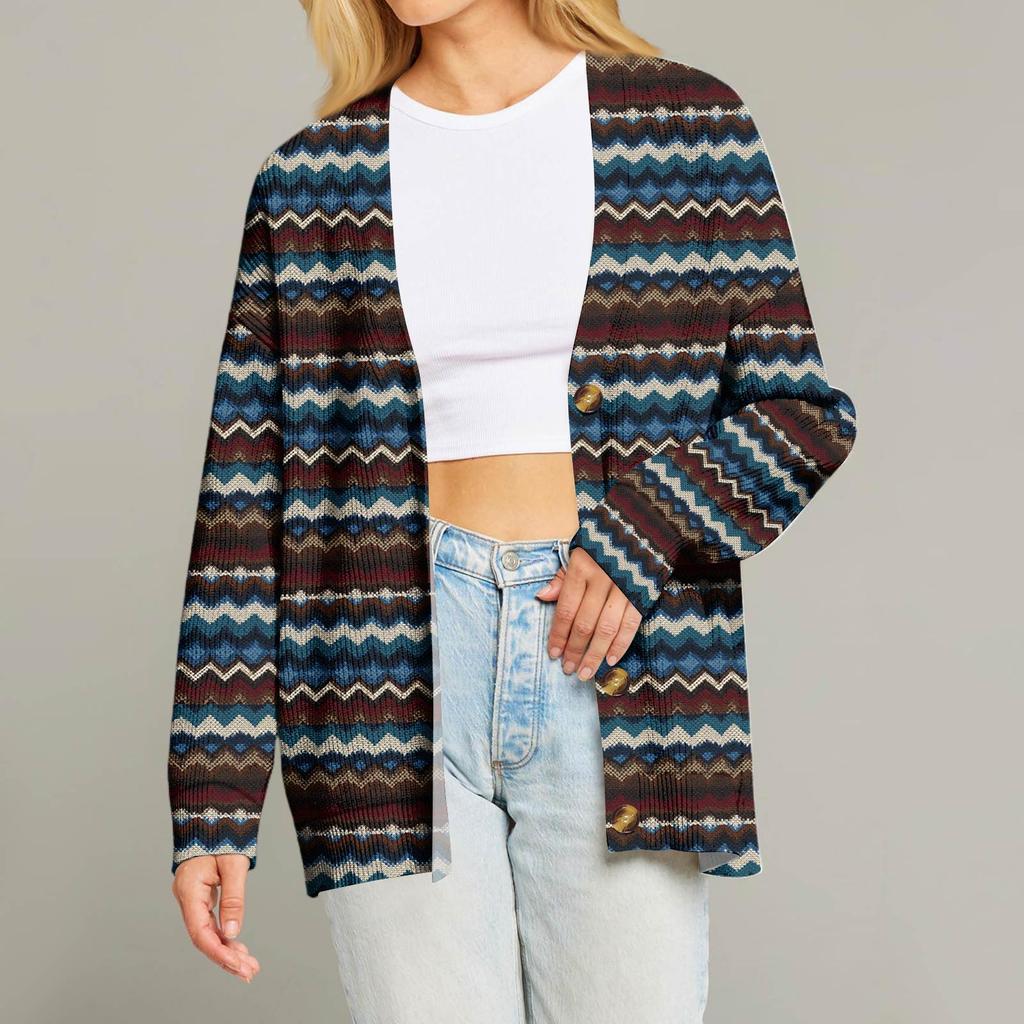 Women's Fashion Long Sleeve Christmas Print V-Neck Button Loose Cardigan Top