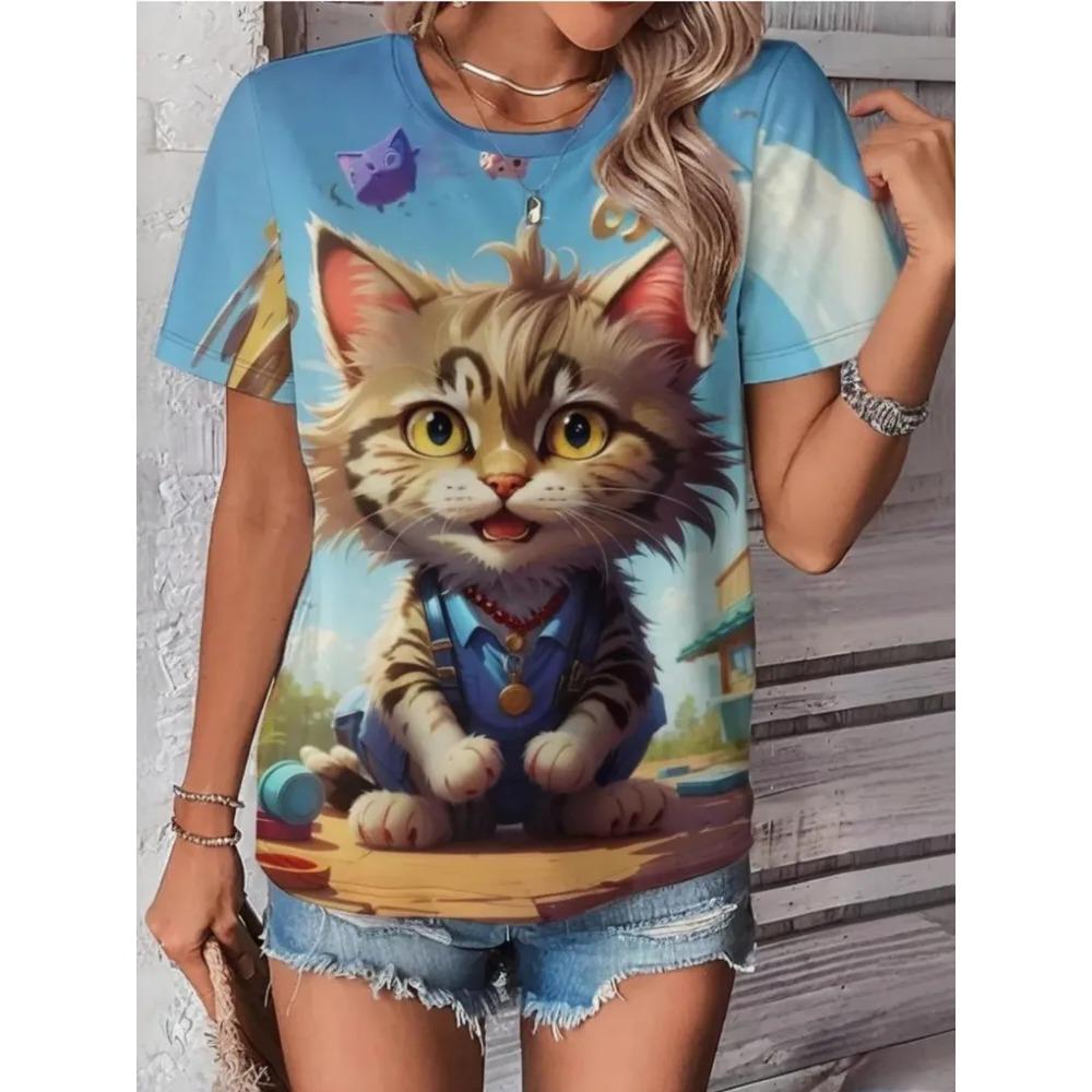 Summer Round Neck Cat Pattern 3D Print Top Fashionable Casual Short Sleeved Women's T-shirts