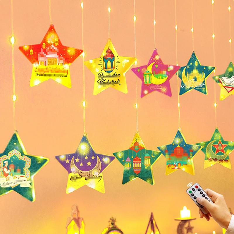Eid Decorative Lights Holiday Stars Moon LED Lights Ornament Eid Decorations Pendant Battery Operated Ambient Lighting Party