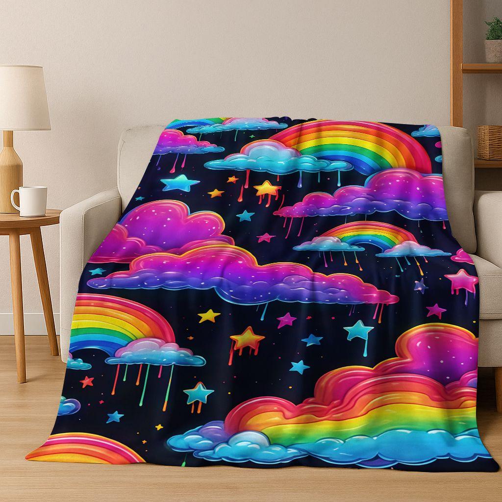 Colorful Rainbow Clouds Dream Sky Cartoon Flannel Blanket,Cozy Soft Throw Blanket for Home Bedroom Bed Sofa Picnic Cover Kids