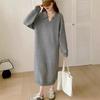 Long knitted dress for women's autumn and winter new loose and lazy polo collar with coat backing sweater dress for women