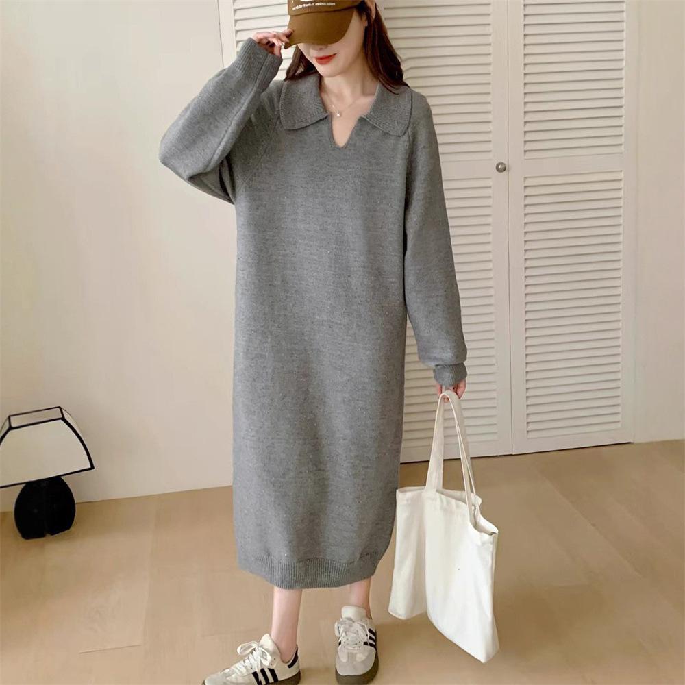 Long Knitted Dress for Women's Autumn and Winter New Loose and Lazy Polo Collar with Coat Backing Sweater Dress for Women