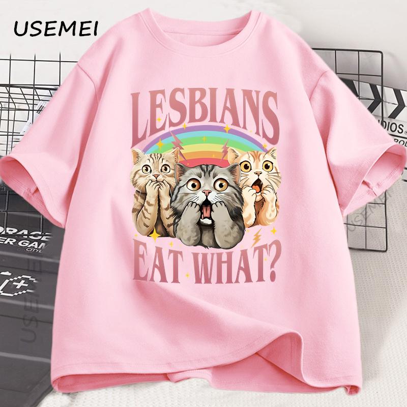 Retro LGBT Eat What Cat Lesbian Pride T-shirt Funny Equal Rights Graphic Cat Tees Unisex Short Sleeve Cotton Tshirt Clothing