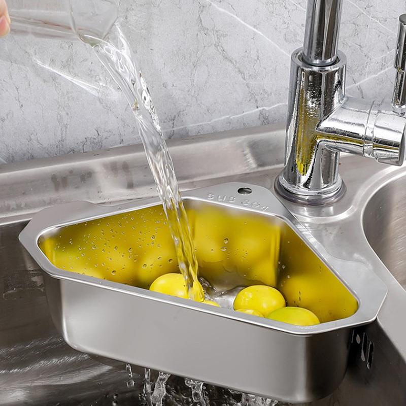 Cesto Escurridor Triangular de Acero Inoxidable Estante Filtro para Fregadero de Cocina Escurridor de Frutas y Verduras Cesto Estante de Almacenamiento Barra con Ventosa