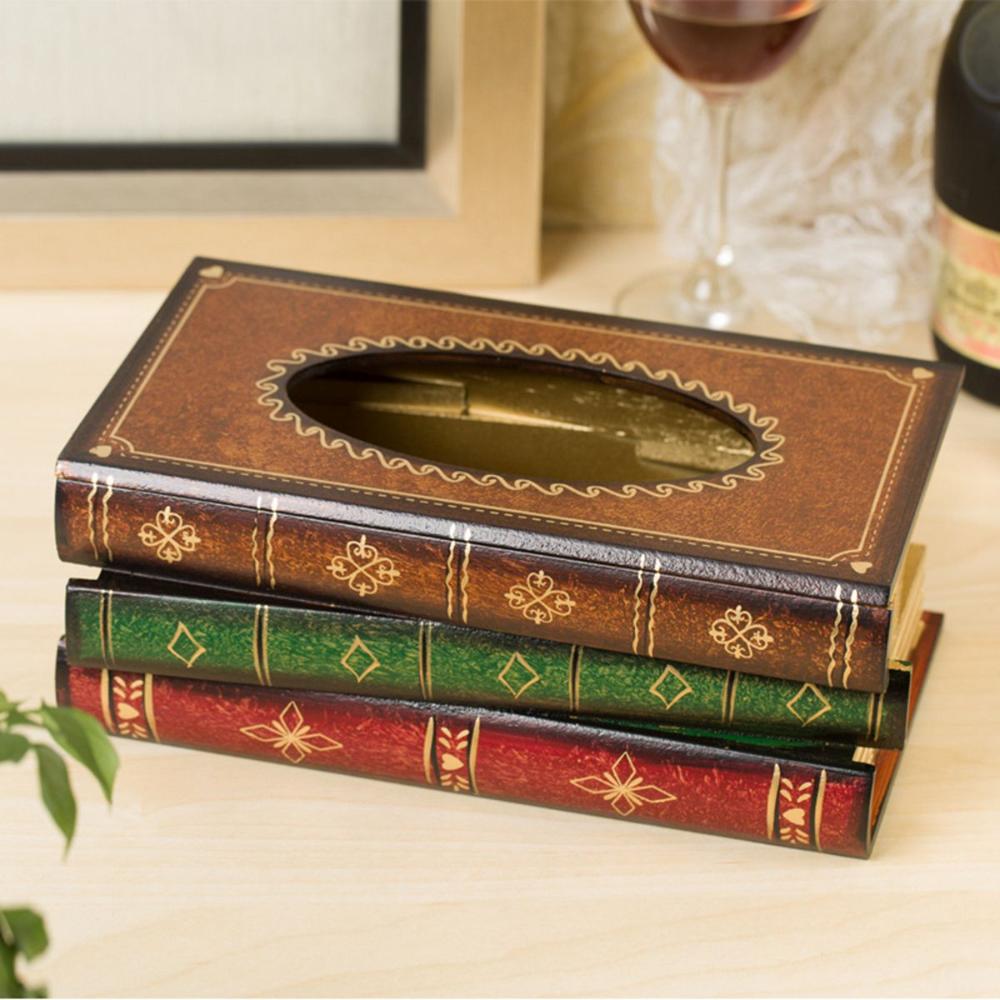 Wooden Antique Book Shaped Napkin Box Tissue Holder Wipes Storage Case Paper Towel Dispenser
