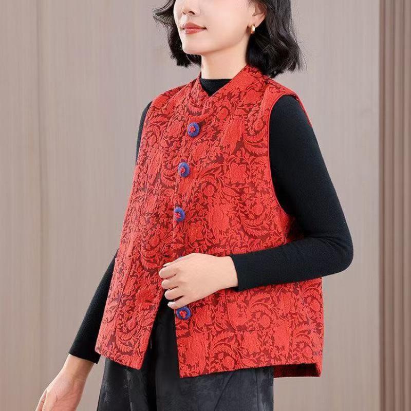 Women's Chic Chinese-Style Jacquard Padded Vest with Stand Collar - Tang Suit Spring/Winter 2026 Collection