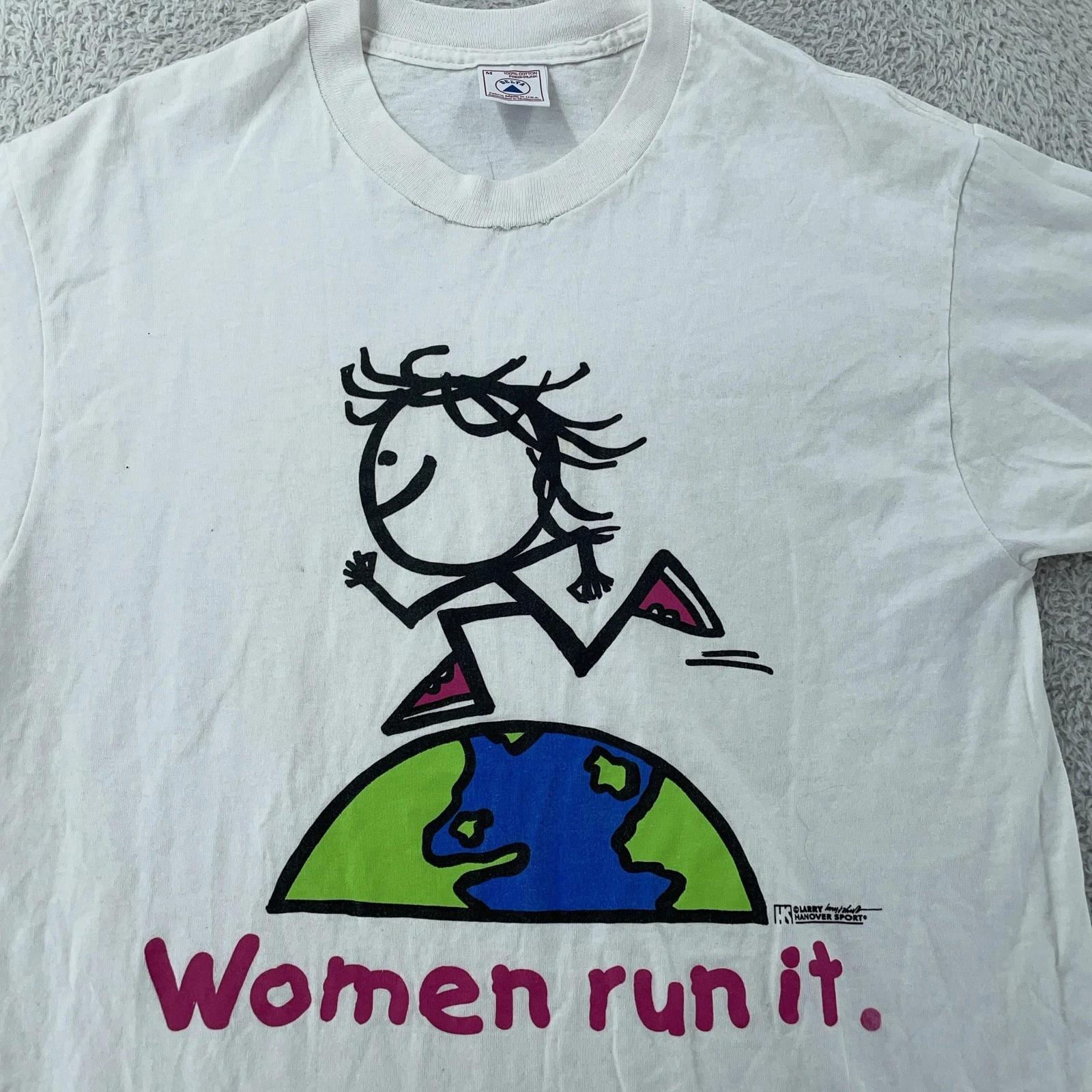 

Vintage World - Women Run It T-Shirt Medium Feminist Stick Figure Art 90s S