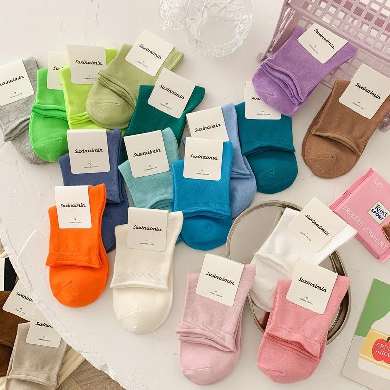 5 Pairs of Cute Candy Colored Rolled Up Mid Top Socks for Women In Summer
