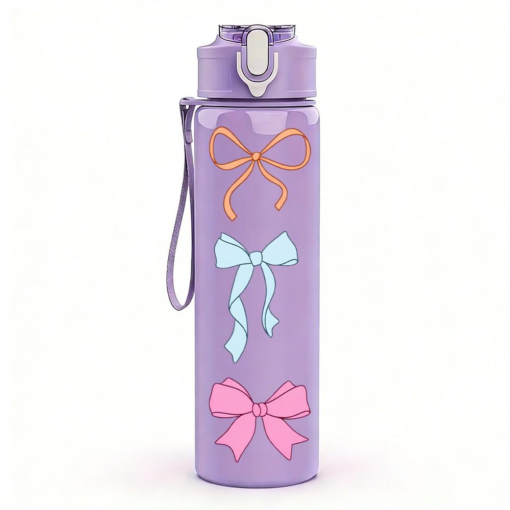 1PC Pastel Bow Ribbon Bowknot Print 750ml Color Plastic Sports Water Bottle Leakproof Flip Straw Lid Suitable for Sports Office Home Use