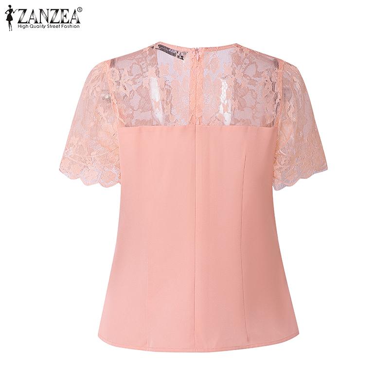 ZANZEA Women Lace Patchwork Summer Casual V-Neck Short Sleeve Blouse