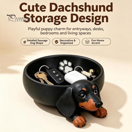 Süßer Schreibtisch-Organizer 3D-gedruckte Dackel-Aufbewahrungsschale, Harz-Hundeform für Schlüssel Schmuck, Dekorativer Kreativer Snackteller Schmuckschale,