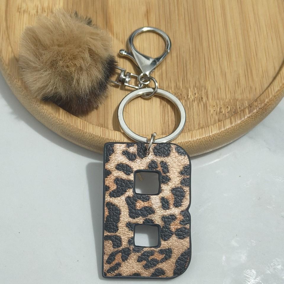 PU Leather Leopard Print Keychain with Plush Ball - Retro Style Small Leopard Keychain with Ball