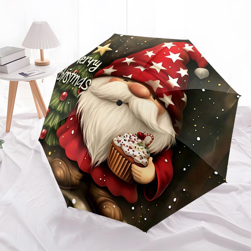 1 Stück Frohe Weihnachten Wichtel mit Cupcake, Automatisches Öffnungs- und Schließschirm, Tragbares 3-fach faltbares Design, 8-Speichen-Eisenrahmen, Outdoor-Schirm, Festliches Geschenk für Fans,