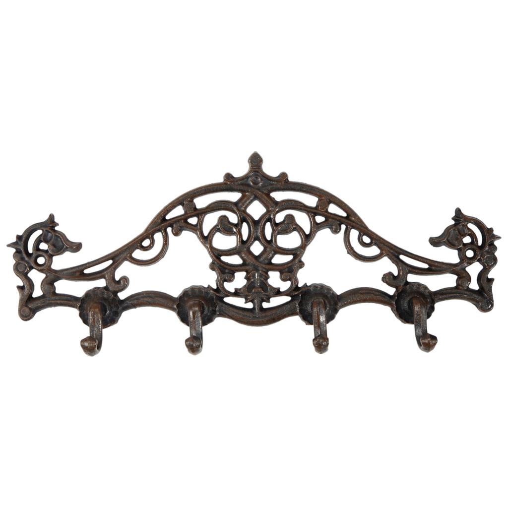 Two cast iron wall hangers, brown, decorated, decorative, 4 hooks