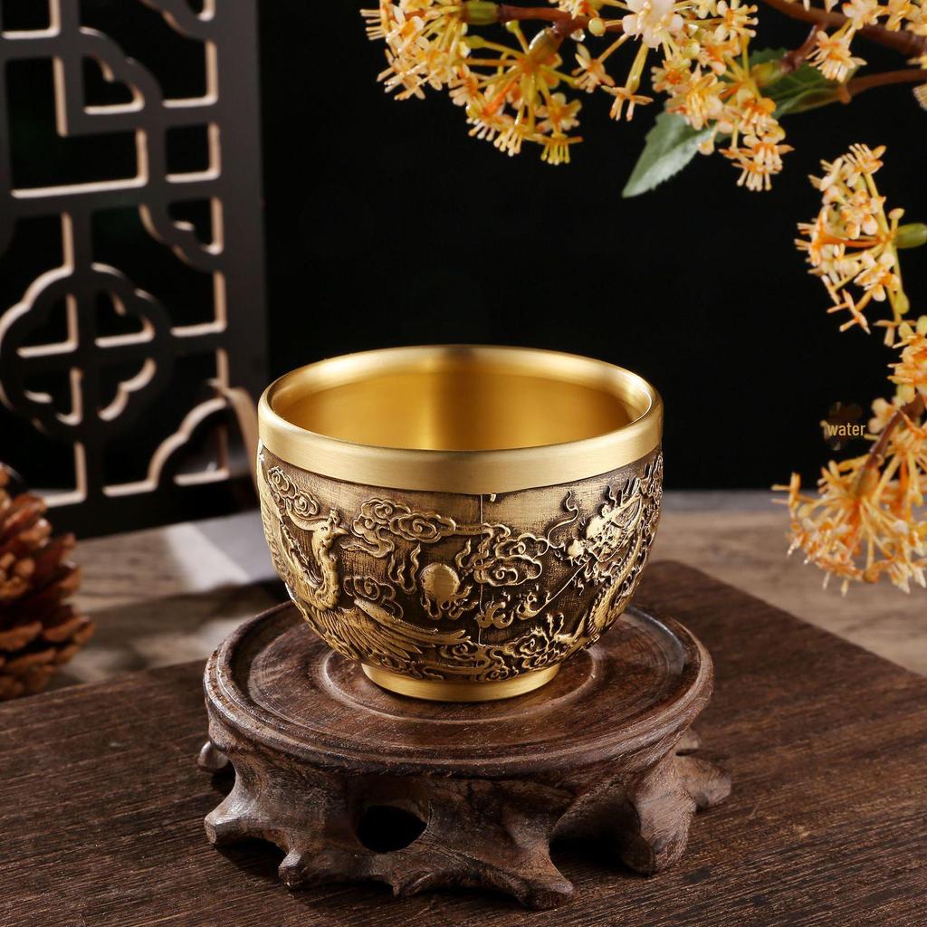 Dragon and Phoenix Brass Wine Pot with Baifu Copper Cylinder – Auspicious Teapot and Teacup Decoration for Restaurants