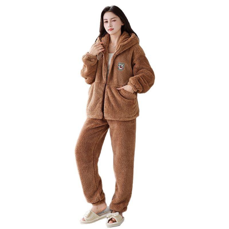Womens Coral Fleece Pajama Set With Hooded Top Long Pants Warm Thick Soft Lounge Wear Home Or Light Outdoor Use