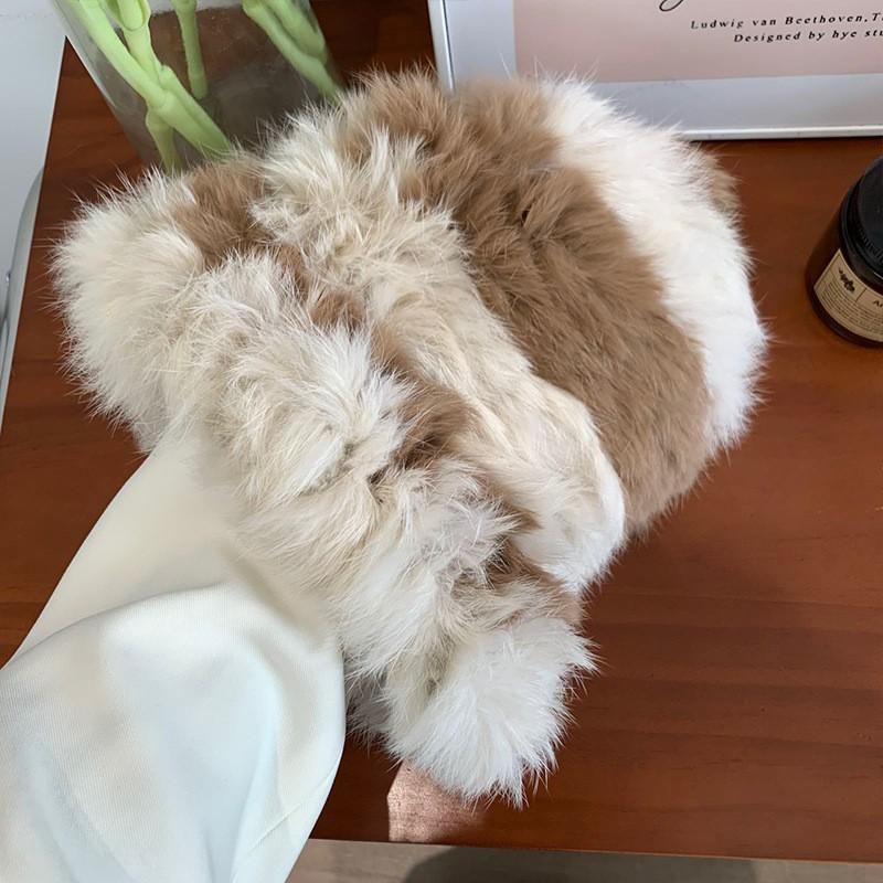 Fashion Rabbit Fur Patchwork Knit Bucket Hat Women Warm Fall Winter Large Head Size Face Slimming
