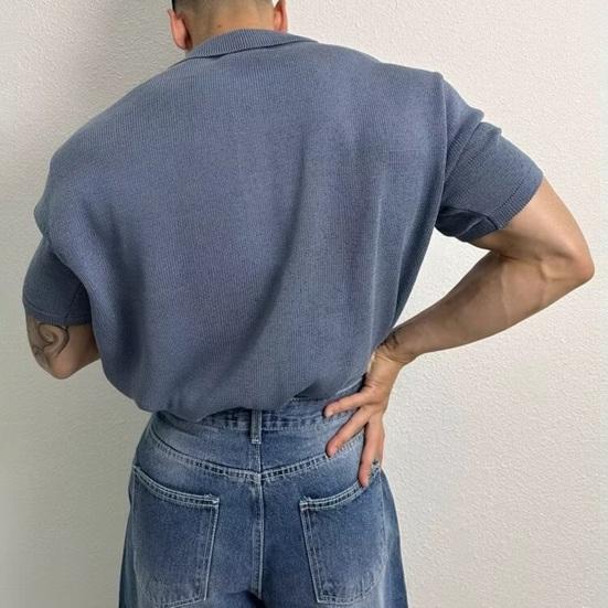 Sommerhemd für Herren, gestrickt, kurze Ärmel, Umlegekragen, einreihig, dehnbar, einfarbig, lockere Alltagskleidung, lässiges Oberteil