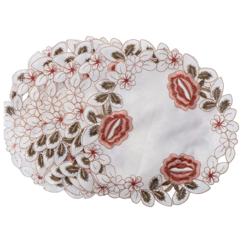 

6 pcs Rotundity White Flower Circular Dining Mat Dacron Insulated Decorative Coffee Cup Mat Room