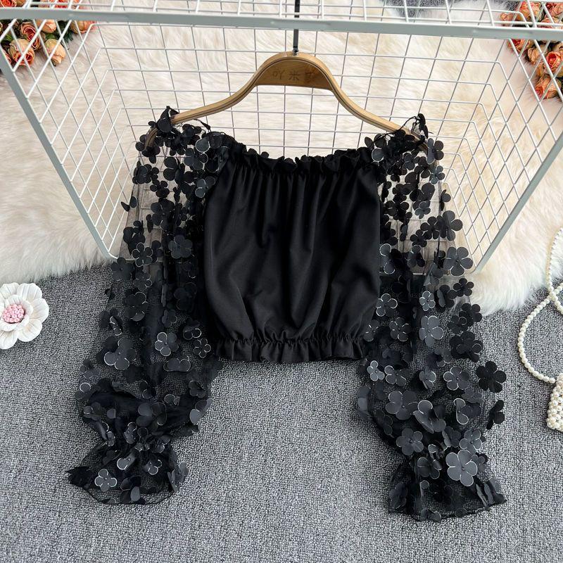 Top da Donna Elegante Monospalla in Chiffon a Rete Floreale 3D - Ampio, Modellante in Vita e Off-the-Shoulder per l'Estate