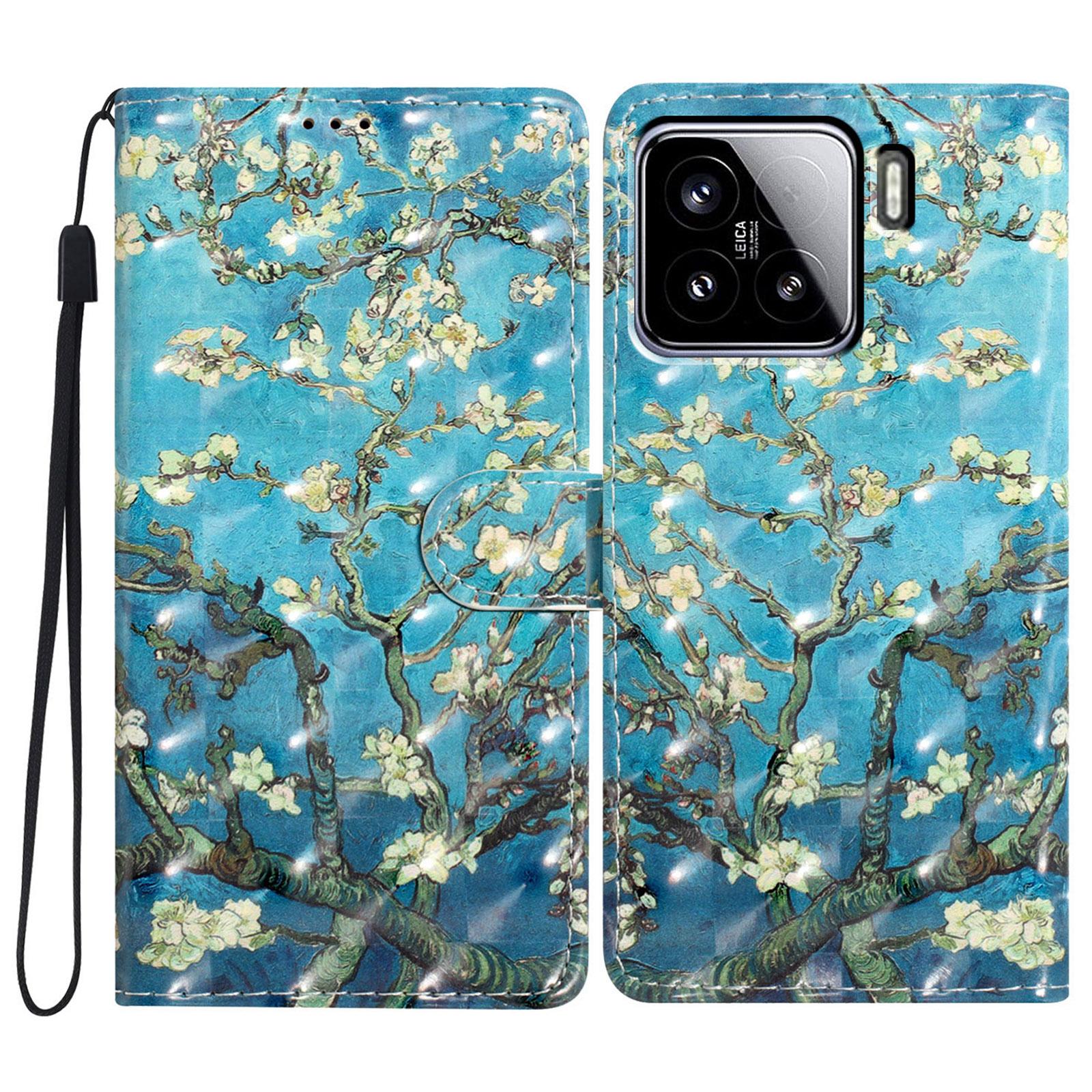 

For Xiaomi 15 Case PU Leather Wallet Phone Cover 3D Pattern Printing Apricot Blossom
