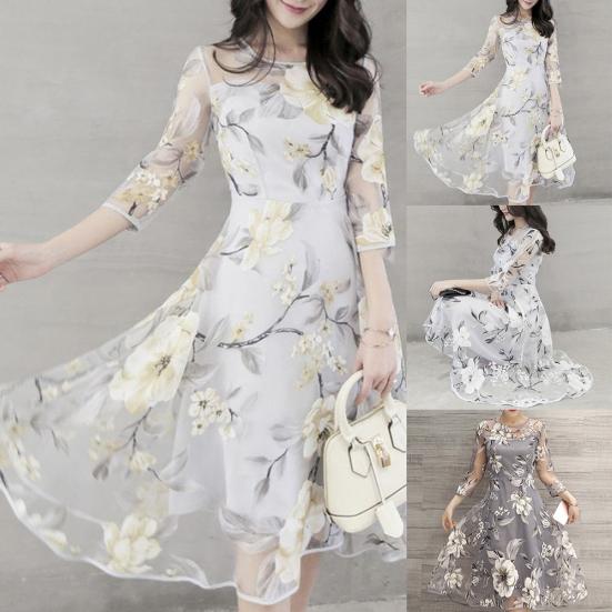 Women O Neck 3/4 Mesh Sleeve Floral Print Large Swing Double Layer Midi Dress