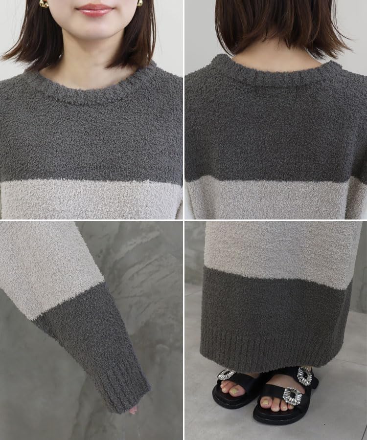 Fluffy Striped Loungewear Dress for Cute and Adult Long Sleeve Relaxing Loose Fit Korean Long Charcoal [DONOBAN] Women, Pajamas, Loungewear, Wear,