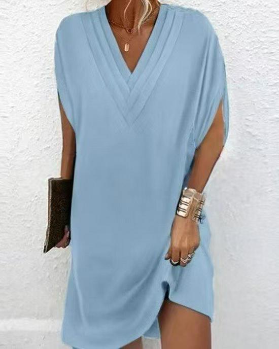 2025 European & American V-neck Pleated Batwing Sleeve Dress - Women's Spring/Summer Collection