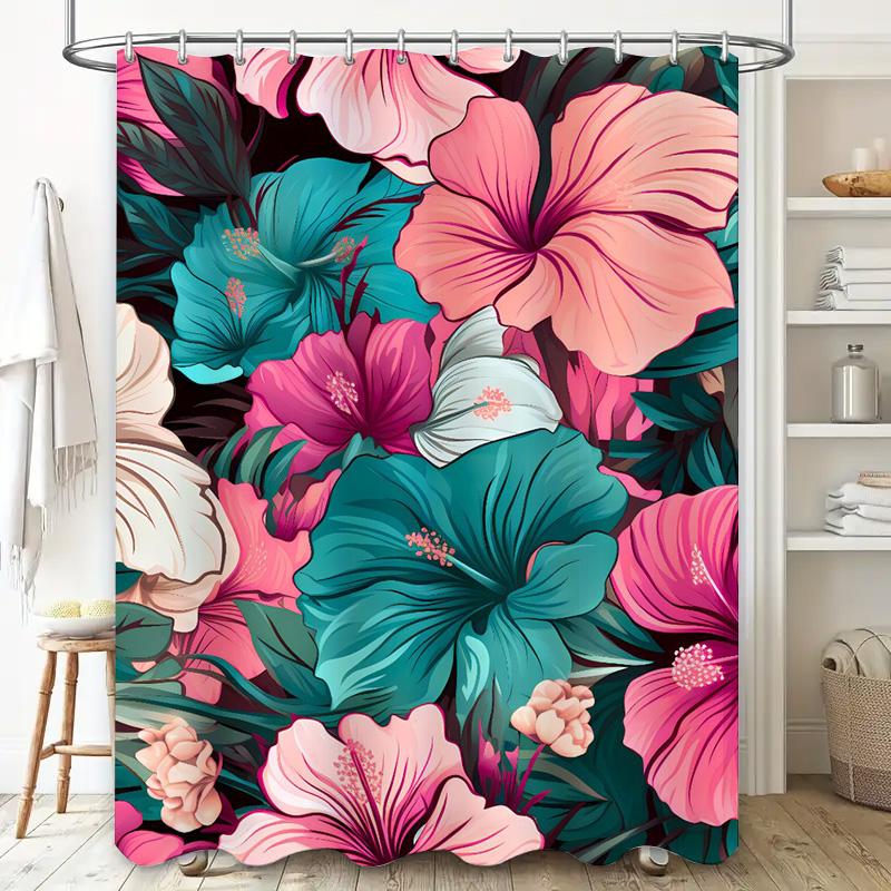 Colorful Hibiscus Shower Curtain Premium Quality Fabric Bath Decor for Home Decoration in Pink Blue Floral Pattern Design