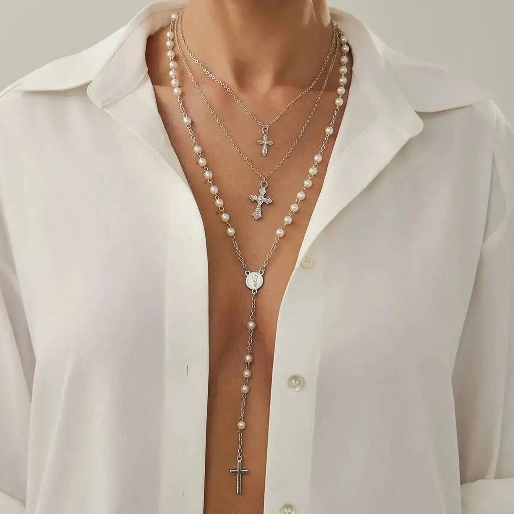 SHIXIN 3 Pcs/Set Trendy Jesus Cross Pendant Necklace for Women Elegant Imitation Pearl Stackable Sweater Chain 2026 New Jewelry