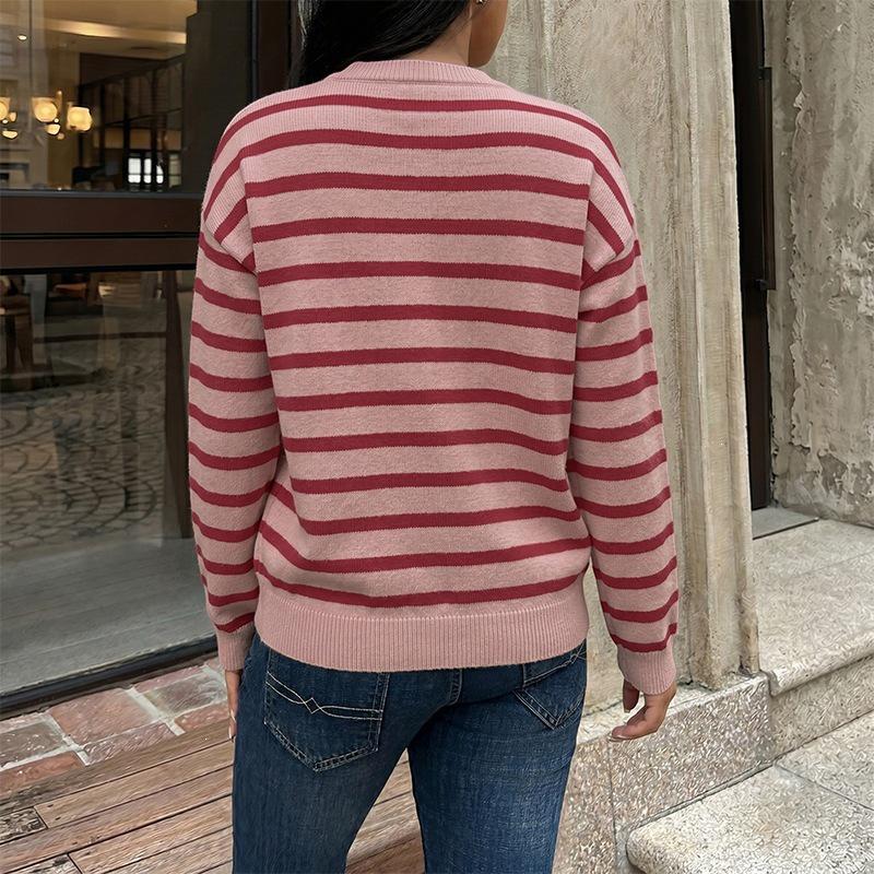 2026 Autumn/Winter European & American Loose Single-Breasted Striped Round Neck Sweater Coat for Women