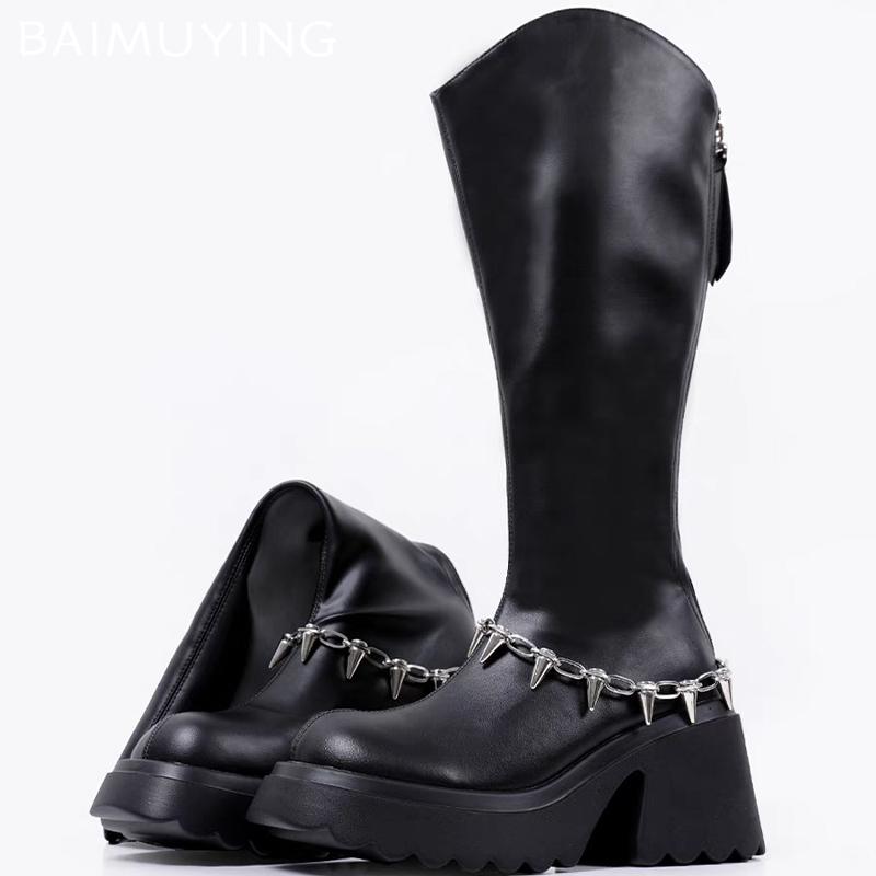 Chunky Platform Women High Boots Chain Leather High Heels Fashion Shoes 2025 Trend Designer Pumps Knee High Winter Botas Mujer