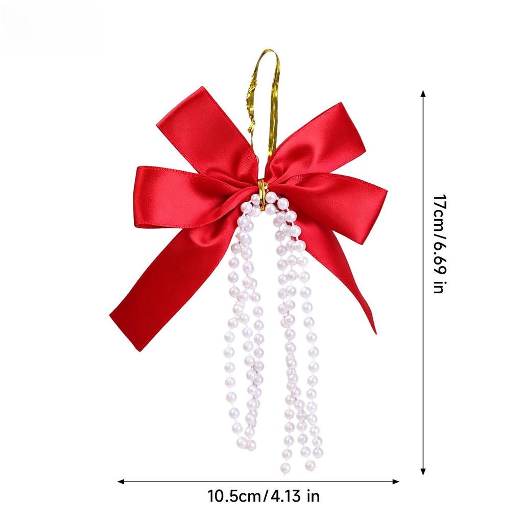 Christmas Bow Pendant DIY Bow Decorations with Long Pearl Tassel Pendant Xmas Tree Wreath Hanging Ornaments Party Decor Supplies