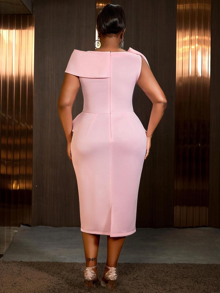 Damen Plus Size Rosa Schleife Schulterfrei Elegant Abend Bodycon Kleid