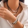 Fashion Oval Metal Necklace Bracelet Set For Women Vintage Gold Silver Color 2Pcs/Set Faux Leather Double Layered Chain Jewelry