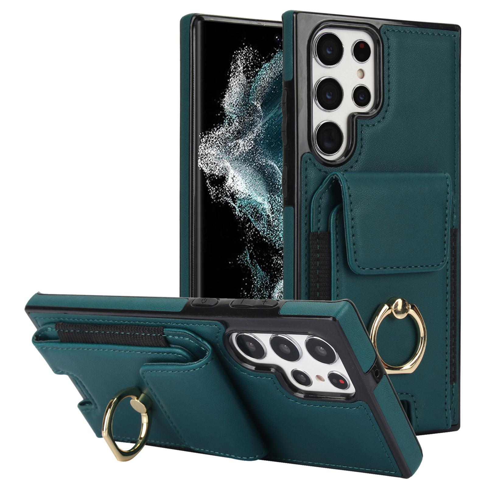 

For Samsung Galaxy S22 Ultra 5G Case Card Holder Leather Coated TPU Kickstand Cover Green