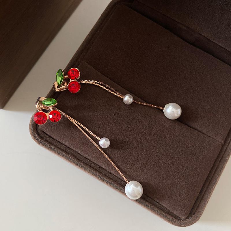 Little Red Cherry Earrings, Fresh and Sweet Temperament, Long Fringed Pearl Earrings, Women's Chinese New Year Festive Earrings.