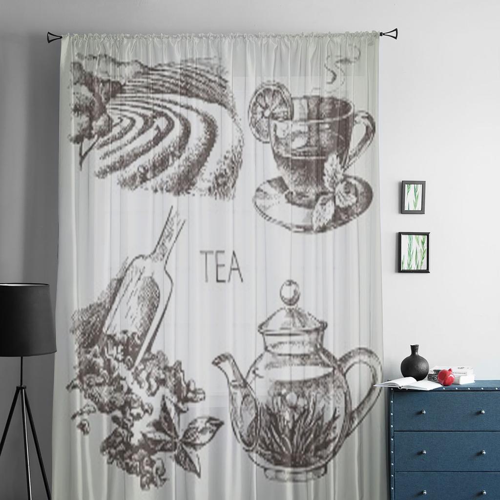 Sketch Vector Tea Set Tulle Curtains For Living Room Sheer Curtain Bedroom Veil Organza Decorative Window Treatments