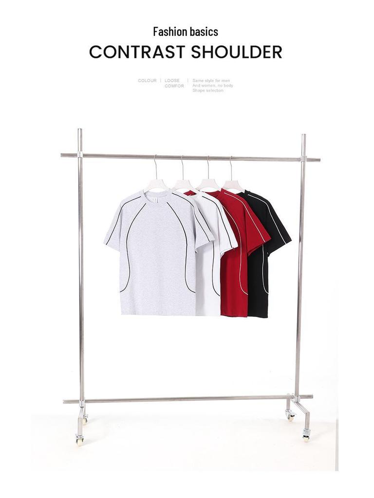Summer Raglan Color Block Short Sleeve T-Shirt, Trendy American High Street Brand, 250g Pure Cotton, Loose Casual Fit