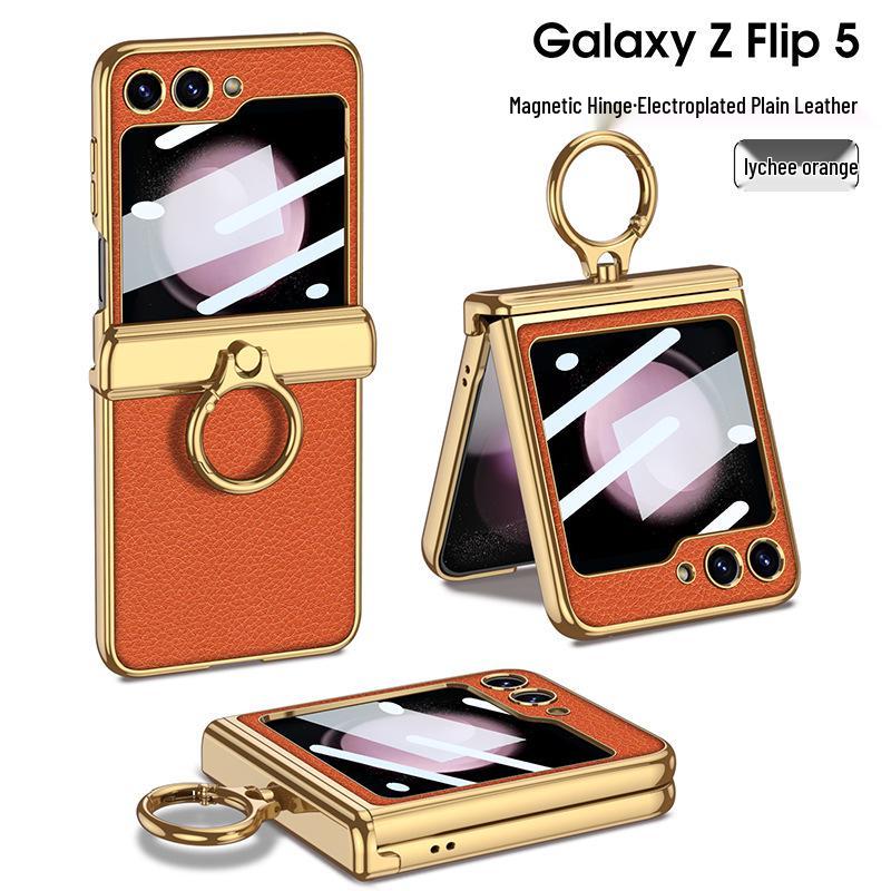 ZFlip5 Magnetic Hinge Leather Ring Case - Foldable Screen, Creative & Simple Design