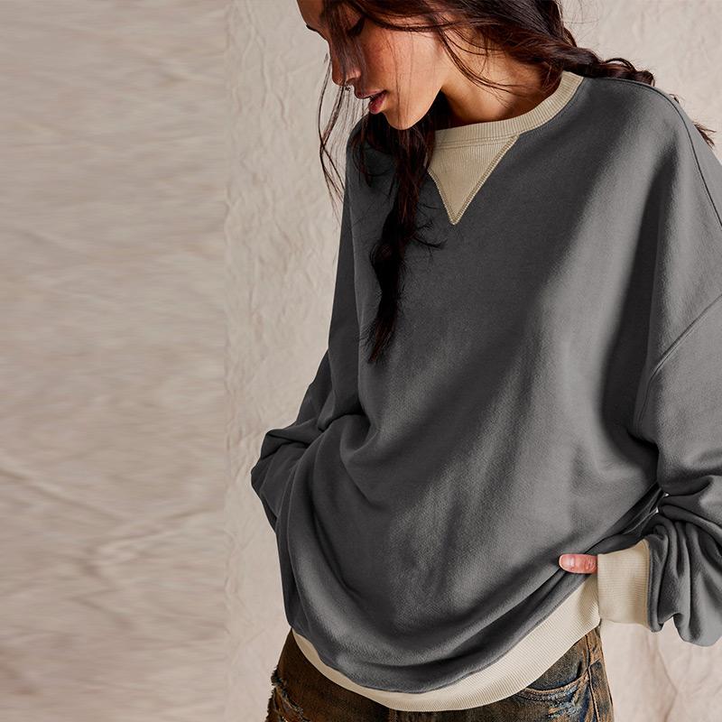 Casual Loose Contrast Sweatshirts Women Long Sleeved Round Neck Patchwork Hoodie Spring Autumn Street Style Pullover